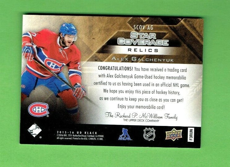 2015-16 UD BLACK STAR COVERAGE RELICS SCOV-AG ALEX GALCHENYUK MONTREAL CANADIENS