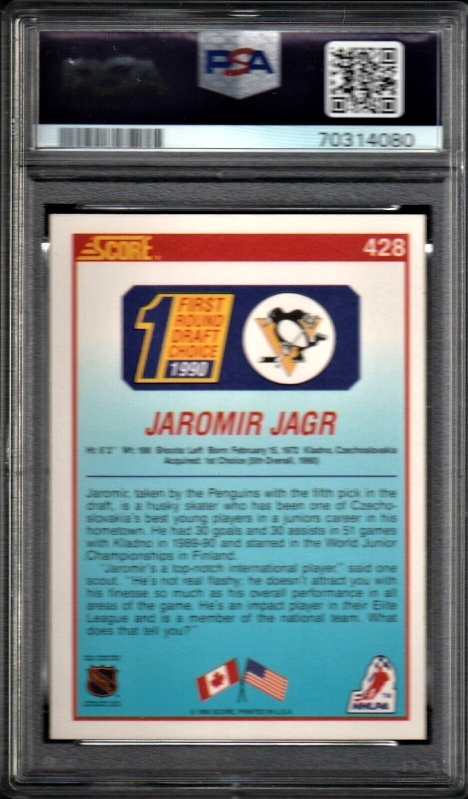 1990 Score Hockey  -  Jaromir Jagr  - ROOKIE #428 PSA 9 MINT Pittsburgh Penguins