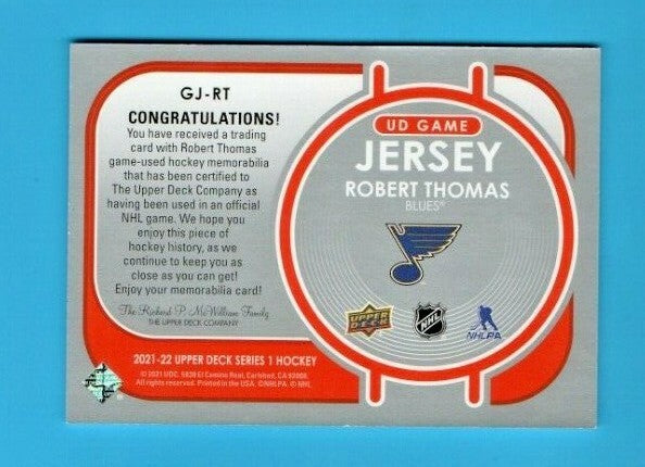 2021-22 Upper Deck UD Game Jersey Robert Thomas St. Louis Blues #GJ-RT -  Blue