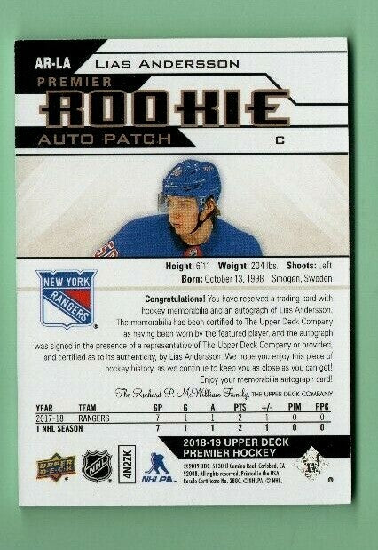 2018/19 UD PREMIER LIAS ANDERSSON AUTO/PATCH ROOKIE 76/99 --  New York Rangers