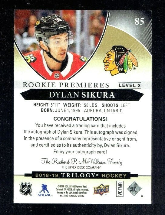 2018-19 18-19 UD TRILOGY DYLAN SIKURA ROOKIE PREMIERES AUTO RC SP  380/399 #85