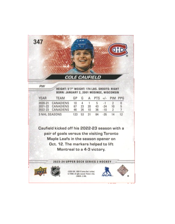 COLE CAUFIELD -  2023-24 UD Series 2 # 347  Silver Outburst - Montreal Canadiens