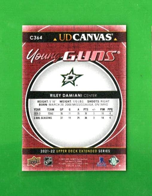2021-22 Upper Deck Extended Young Guns Canvas Riley Damiani C364 Dallas Stars RC