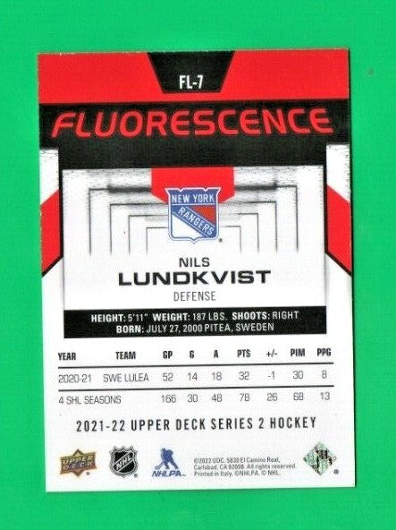 2021-22 UD Series 2 Hockey Nils Lundkvist    Fluorescence    RED    FL-7 Rangers