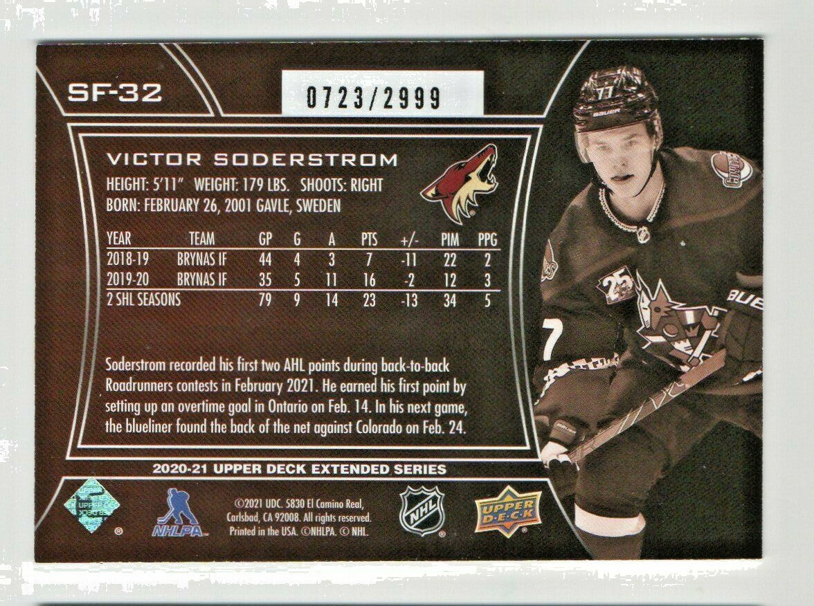 2020-21 UD Extended Series SPX Finite #SF-32 Victor Soderstrom 0723/2999 Coyotes