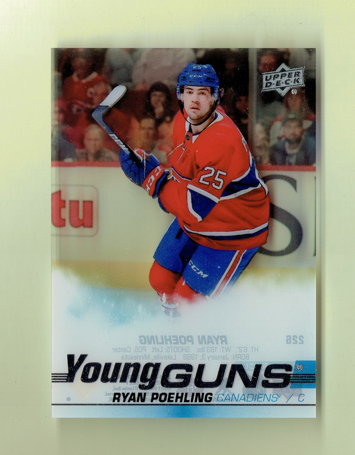 2019-20 RYAN POEHLING UPPER DECK YOUNG GUNS CLEAR CUT ROOKIE CARD #226 CANADIENS