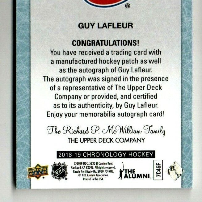 2018-19 Chronology Letterman Patches - Guy Lafleur  MONTREAL CANADIENS "L" 10/10