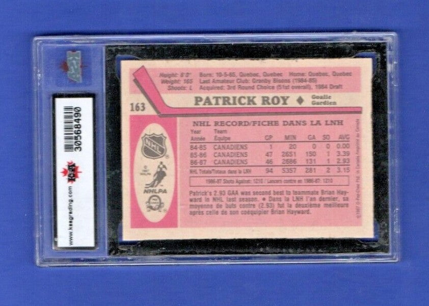 1987 OPeeChee Patrick Roy KSA 9, MINT card #163 Montreal Canadians  2nd Year
