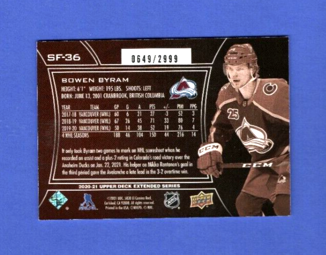 2020-21 Upper Deck Extended Series SPX Finite SF-36  Bowen Byram 0649/2999  Avs.