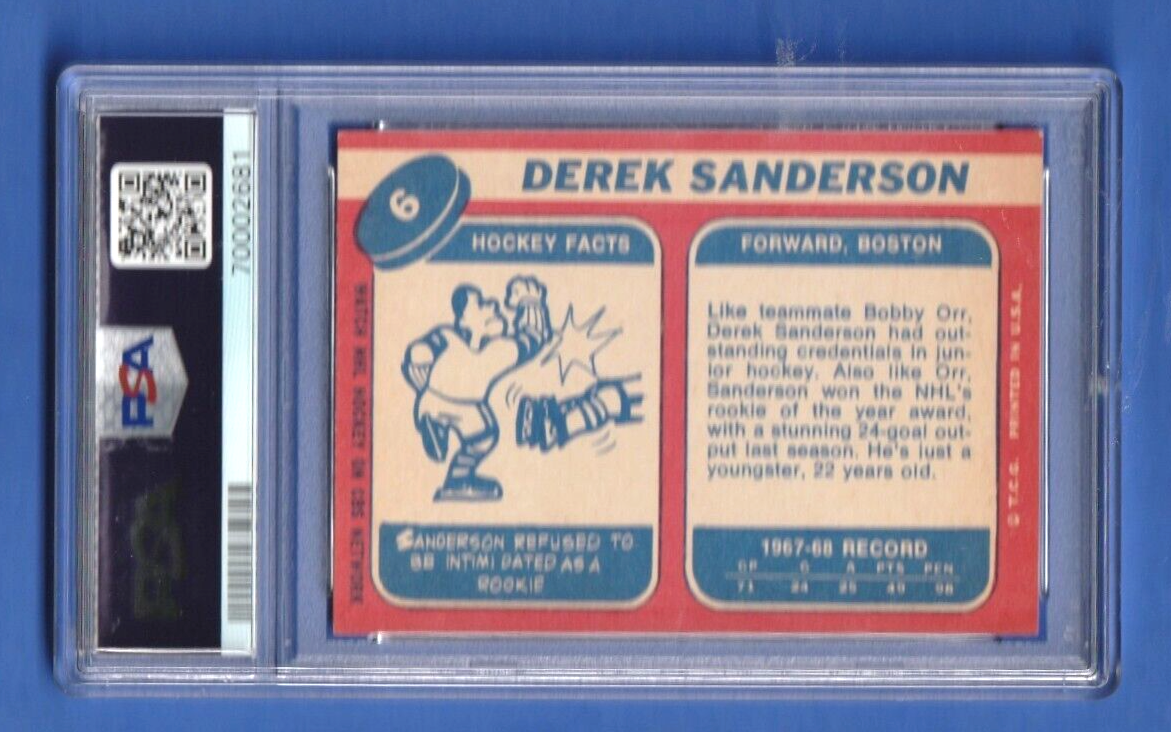 1968 Topps Hockey  -  Derek Sanderson  #6   -   PSA 4 VGEX    -    Boston Bruins