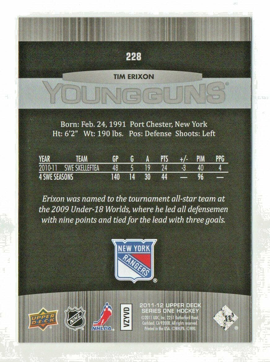 2011-12 Upper Deck Young Guns Tim Erixon Rookie New York Rangers #228