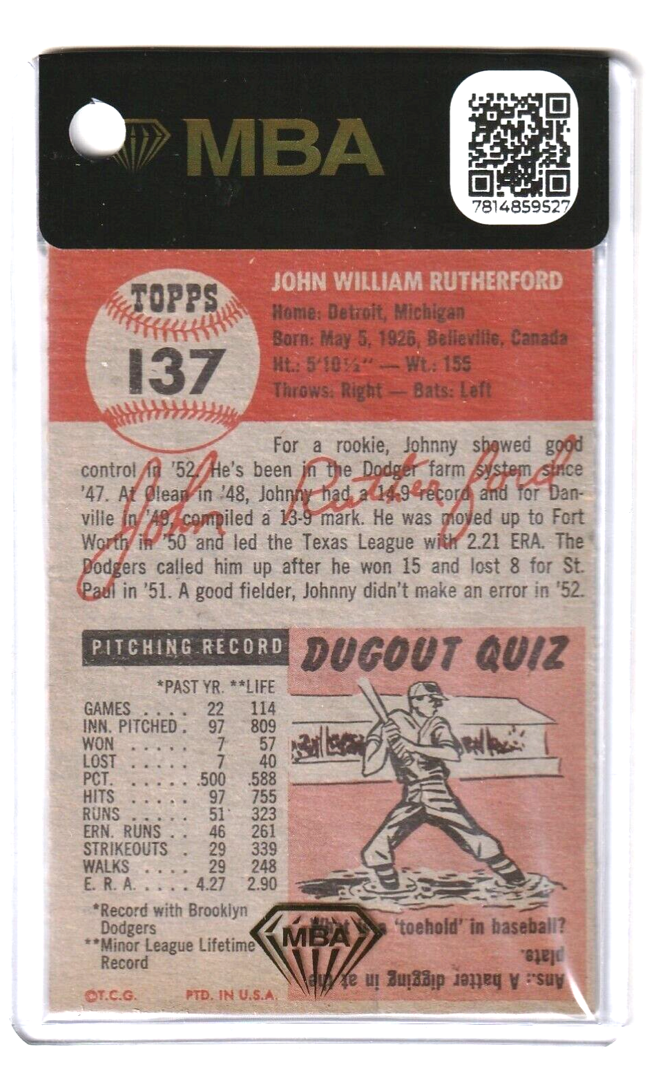 1953 Topps   -  John Rutherford  #137   -   MBA AUTHENTIC   -   Brooklyn Dodgers