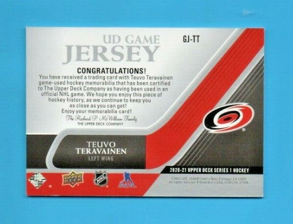 2020-21 Upper Deck UD Game Jersey Teuvo Teravainen #GJ-TT Hurricanes  Red