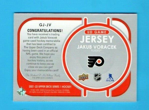 2021-22 Upper Deck Gamed Used Jersey - JAKUB VORACEK  - # GJ-JV  -  Flyers White