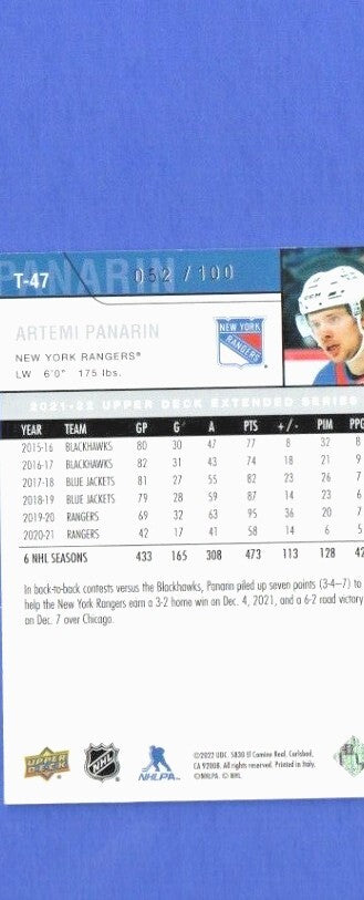 2021-22 Ud series 3 extended ARTEMI PANARIN retro HG 52/100  Rangers