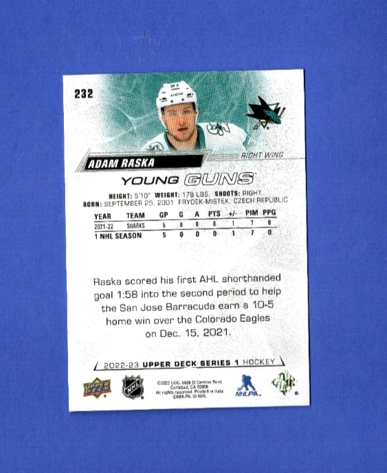 Adam Raska 2022-23 Upper Deck Series 1 Young Guns RC #232 San Jose Sharks
