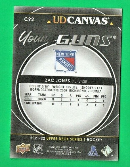 Zac Jones -2021-22 Upper Deck Young Guns Canvas BLACK Parallel RC #C92 - Rangers