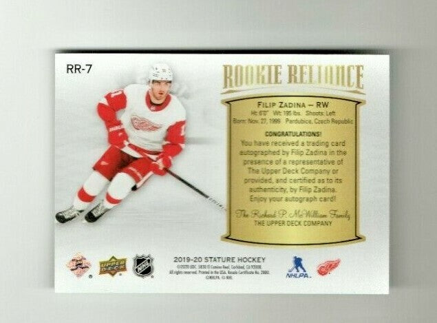 FILIP ZADINA 2019/20 Stature Rookie Reliance Auto RR-7 Detroit Red Wings