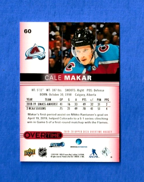 Cale Makar 2019-20 Upper Deck Overtime RED Rookie Card #60  89/99  - Avalanche