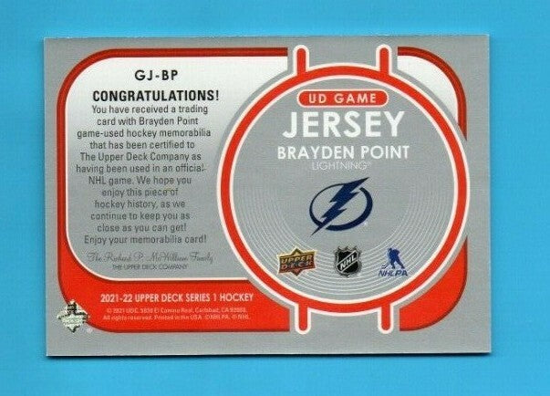 2021-22 Upper Deck Series 1 Brayden Point UD Game Jersey #GJ-BP Lightning -White