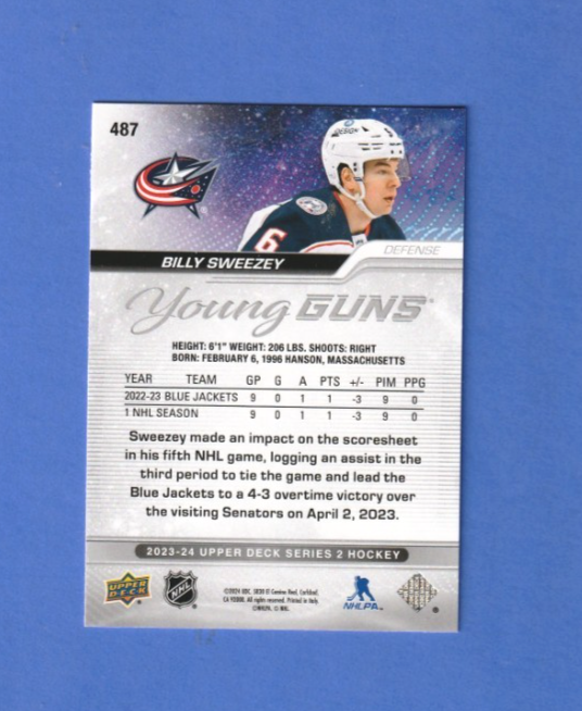 2023-24 Upper Deck Series 2 Outburst Young Guns -  Billy Sweezey  -  Rookie #487