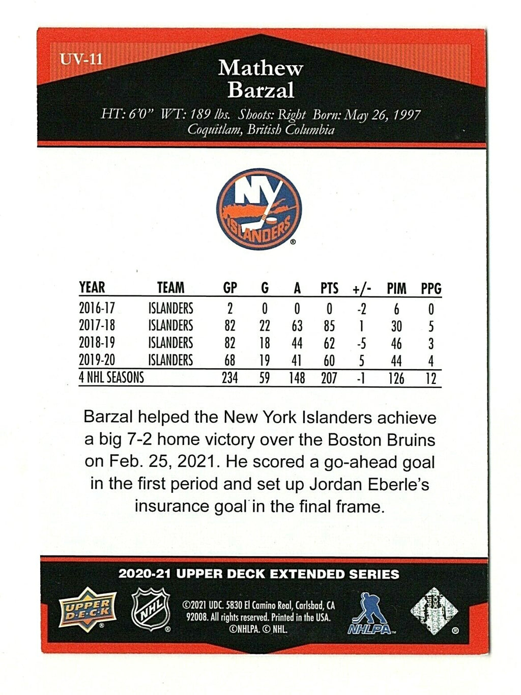 2020-21 UPPER DECK EXTENDED SERIES UV-11 Mathew Barzal #292/350 ULTIMATE VICTORY
