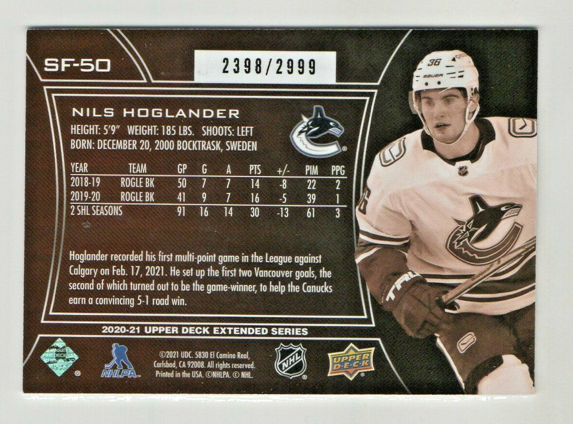 2020-21 Upper Deck Extended Series NILS HOGLANDER ROOKIE /2999 SPX FINITE #SF-50