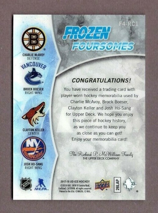 17/18 UPPER DECK ICE FROZEN FOURSOMES JERSEY McAvoy/Boeser/Keller/Ho-Sang #F4RC1