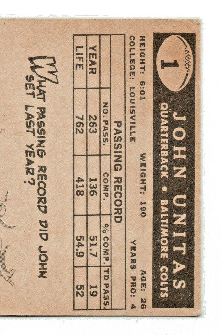 1959 TOPPS FOOTBALL    JOHNNY UNITAS   CARD # 1 VG-EX  -  Baltimore Colts Legend