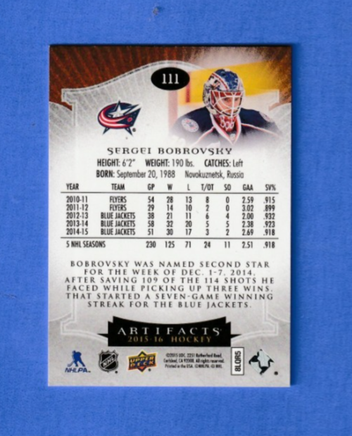 2015-16 Upper Deck Artifacts Stars 488/999 Sergei Bobrovsky #111  Columbus B.J.
