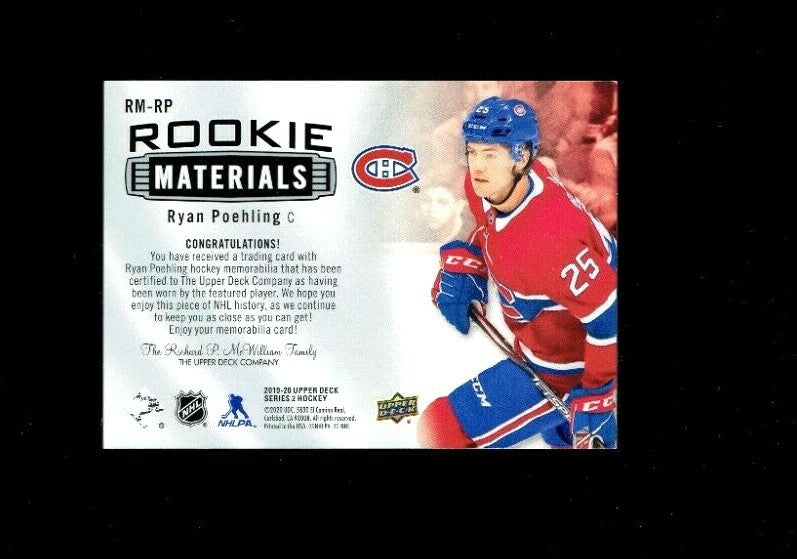 2019-20 UD Series 2 Rookie Materials #RM-RP Ryan Poehling - Montreal Canadiens 