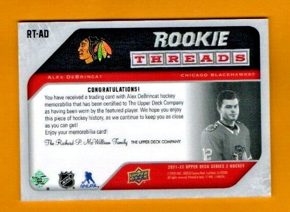2021/22 Upper Deck Series 2 RT-AD Alex DeBrincat Rookie Threads Jersey Insert