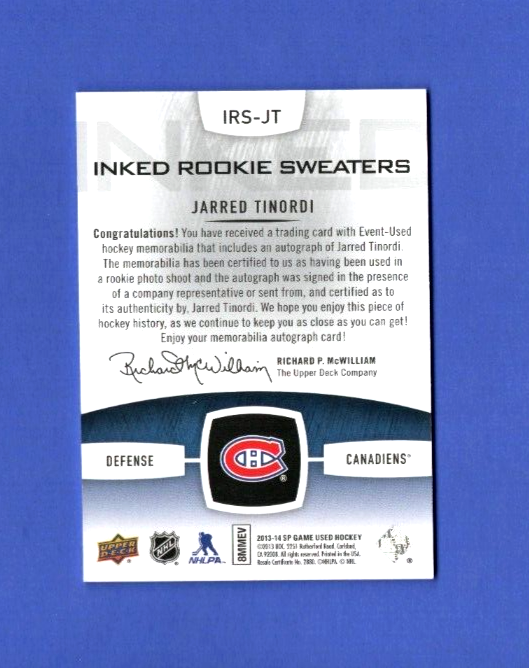 2013-14 SP Game Used Inked Rookie Sweaters #IRS-JT  -  Jarred Tinordi 37/99 Auto