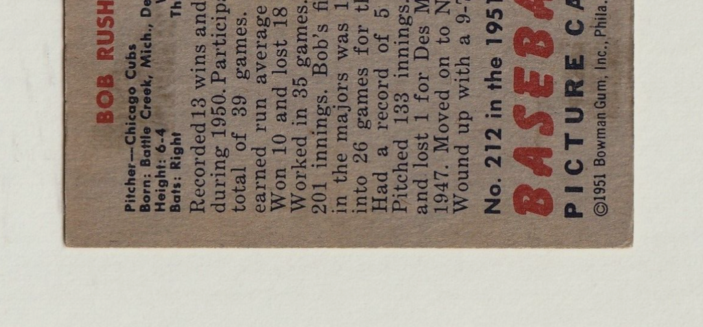 1951 Bowman #212:   -  BOB RUSH     "Chicago Cubs" ~  VG-EX