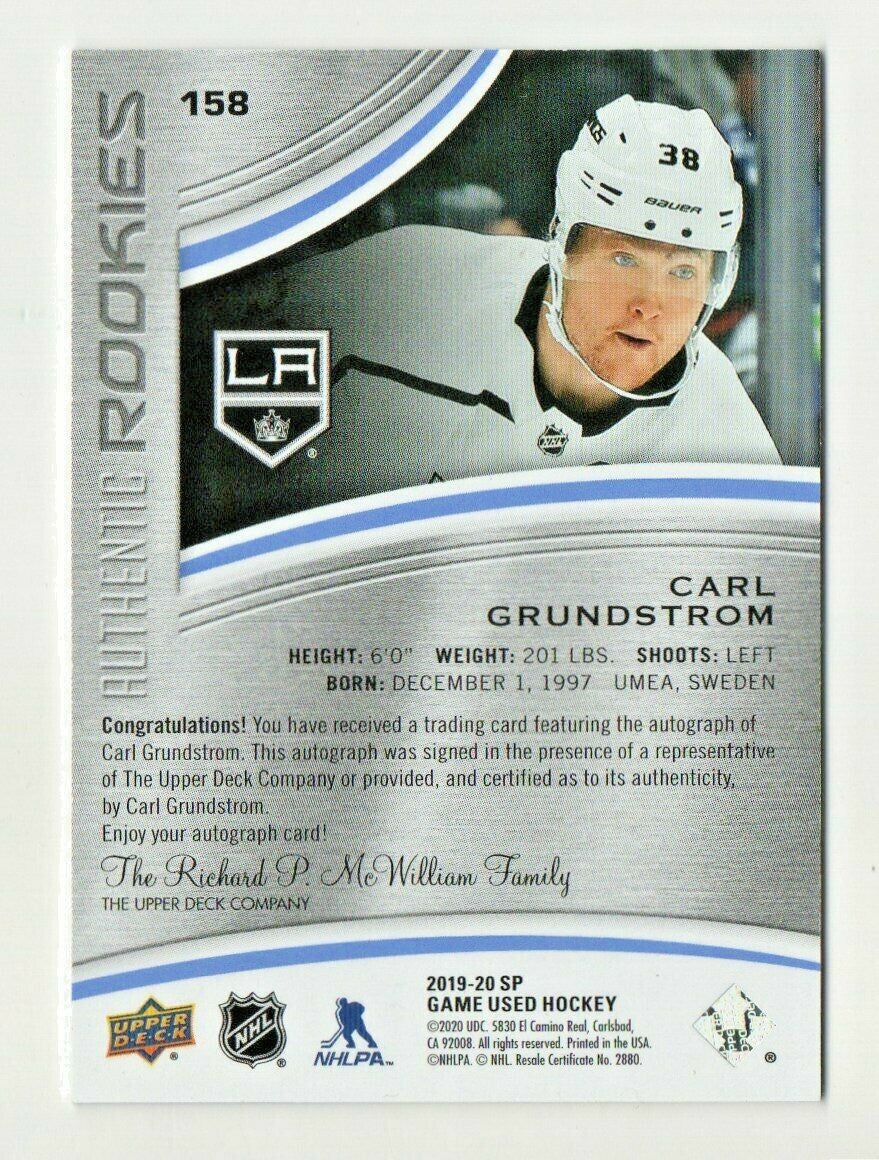 Carl Grundstrom 2019-20 SP Game Used Authentic Rookies Blue  - Auto - L.A. Kings