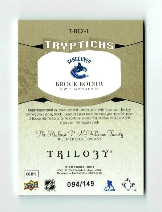 2017-18 UD Trilogy BROCK BOESER Jersey RC Rookie Tryptichs 094/149  Van. Canucks