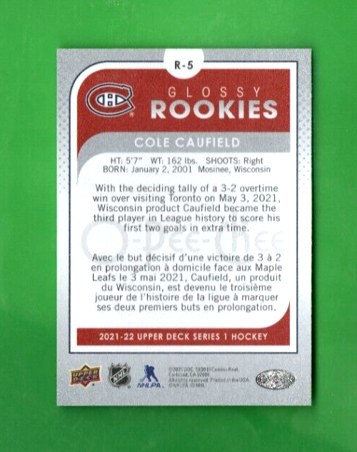 2021-22 Upper Deck/O-Pee-Chee Glossy Rookies Silver Cole Caufield #R-5 Canadiens