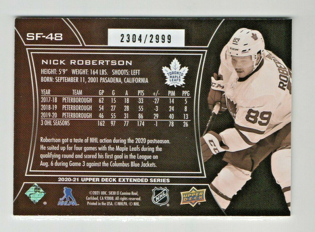 2020-21 UD Extended Series SPX Finite #SF-48 Nick Robertson /2999 Maple Leafs 