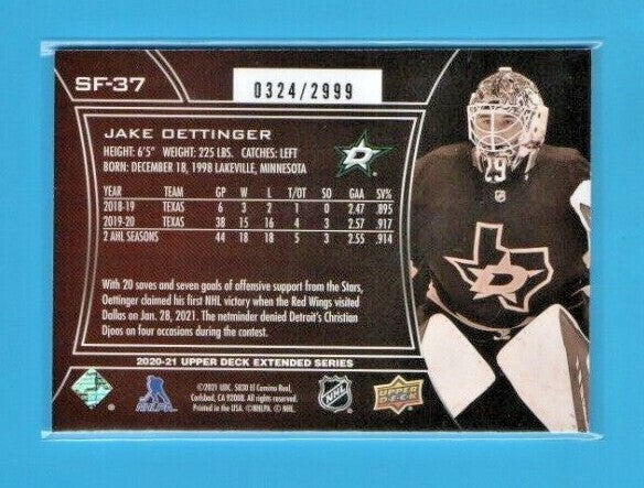 2020-21 UD Extended Series SPxFINITE #SF-37 - Jake Oettinger - 0324/2999 Stars