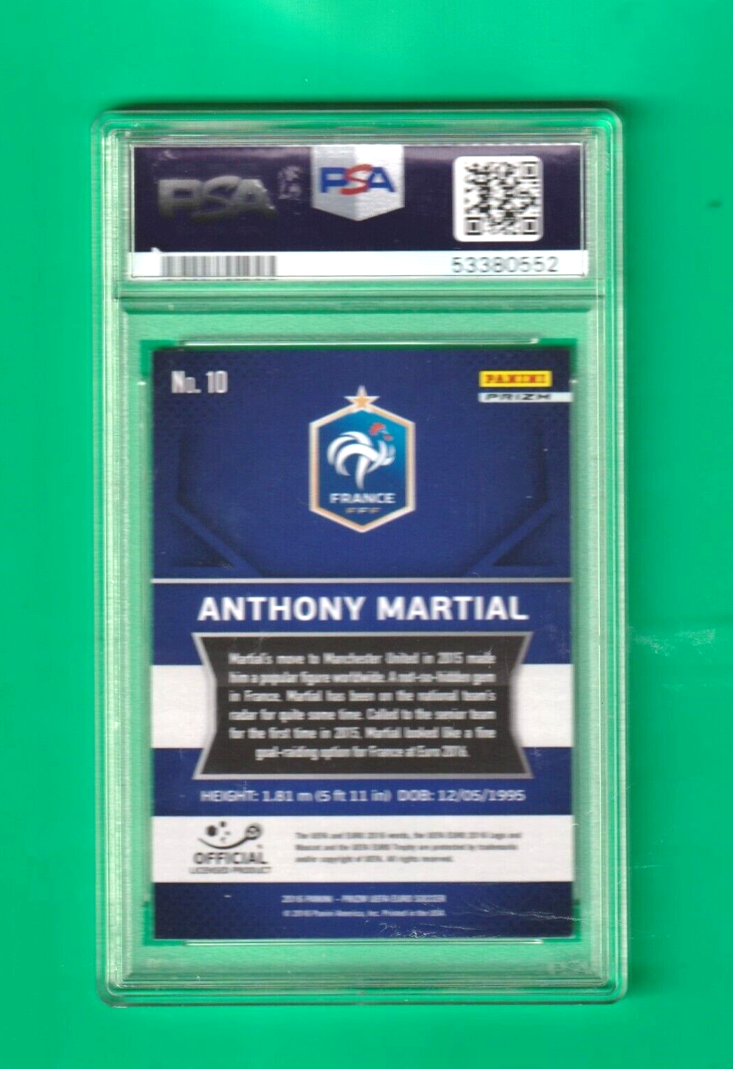 2016 Panini Prizm UEFA Red & Light Blue  -  Anthony Martial   #10  PSA 9 MINT