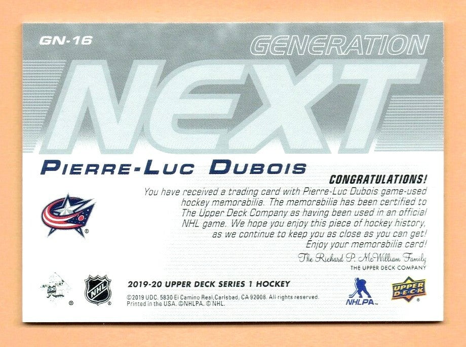 2019-20 Upper Deck Generation Next JERSEY RELIC Pierre-Luc Dubois  Blue Jackets 