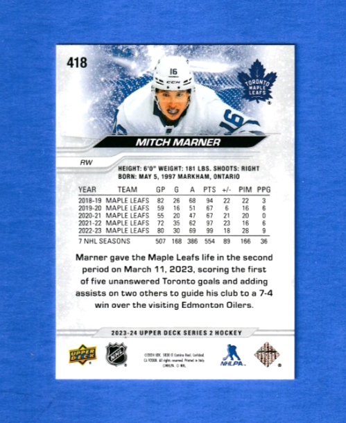 2023-24 UD Series 2 - MITCH MARNER   Outburst Silver #418  - Toronto Maple Leafs