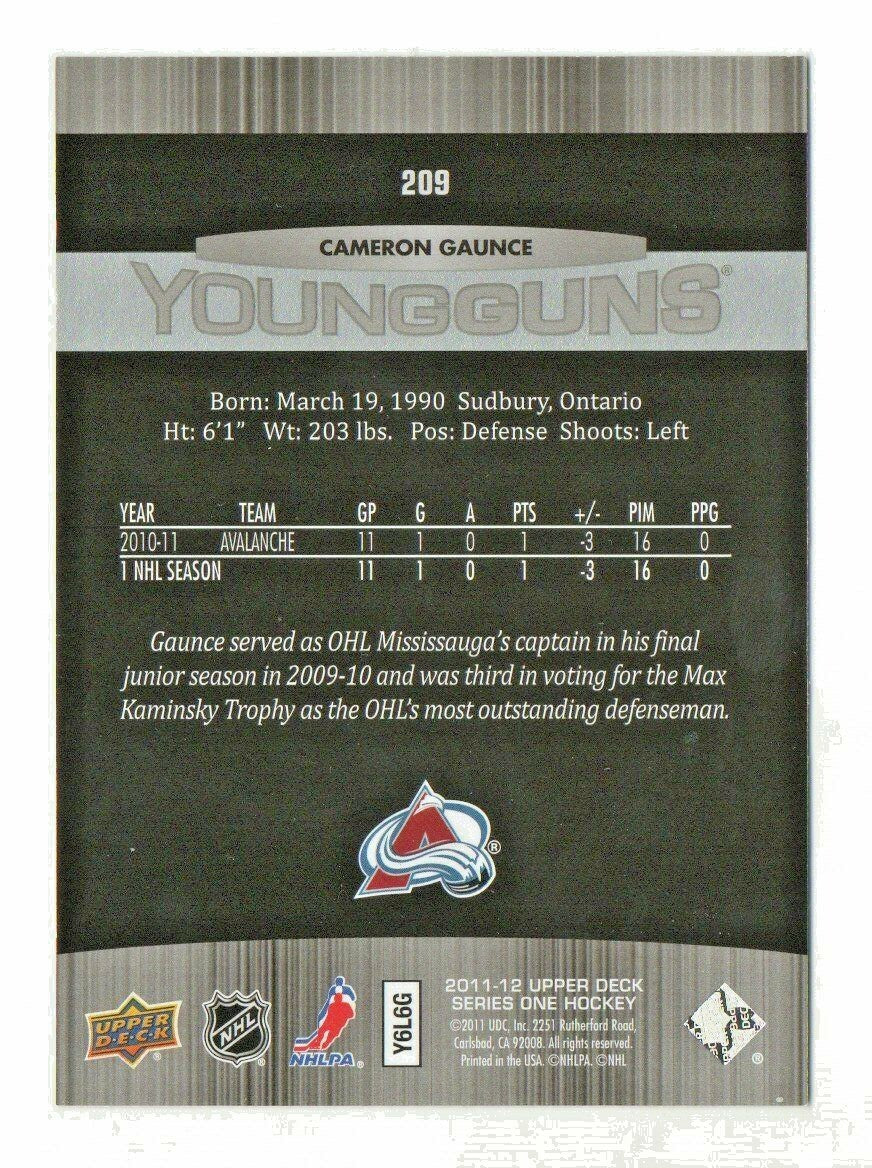 2011-12 Upper Deck Series 1 - Young Guns #209 Cameron Gaunce YG RC #2 Avalanche