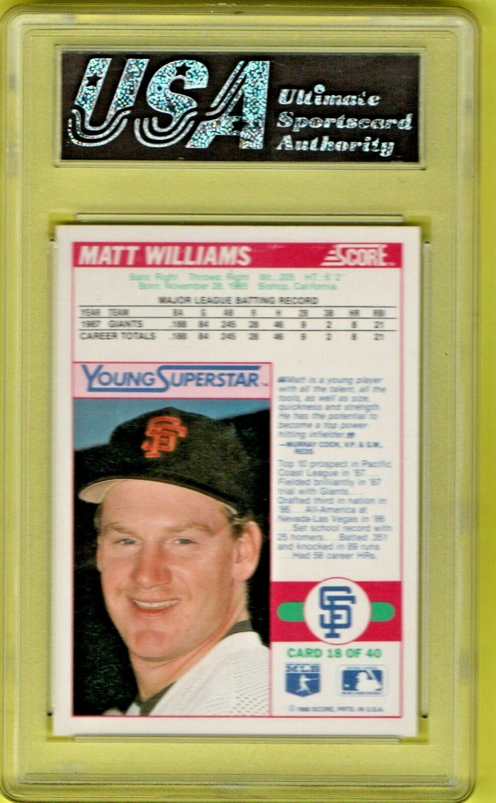 1988 Score Young Superstars # 18 Matt Williams San Francisco Giants - USA Mint 9