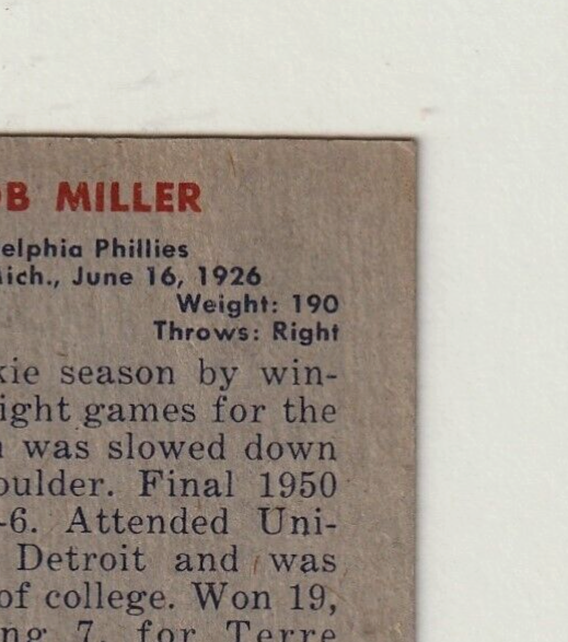 1951 Bowman  #220  -   BOB MILLER  -  Philadelphia Phillies   -  EX