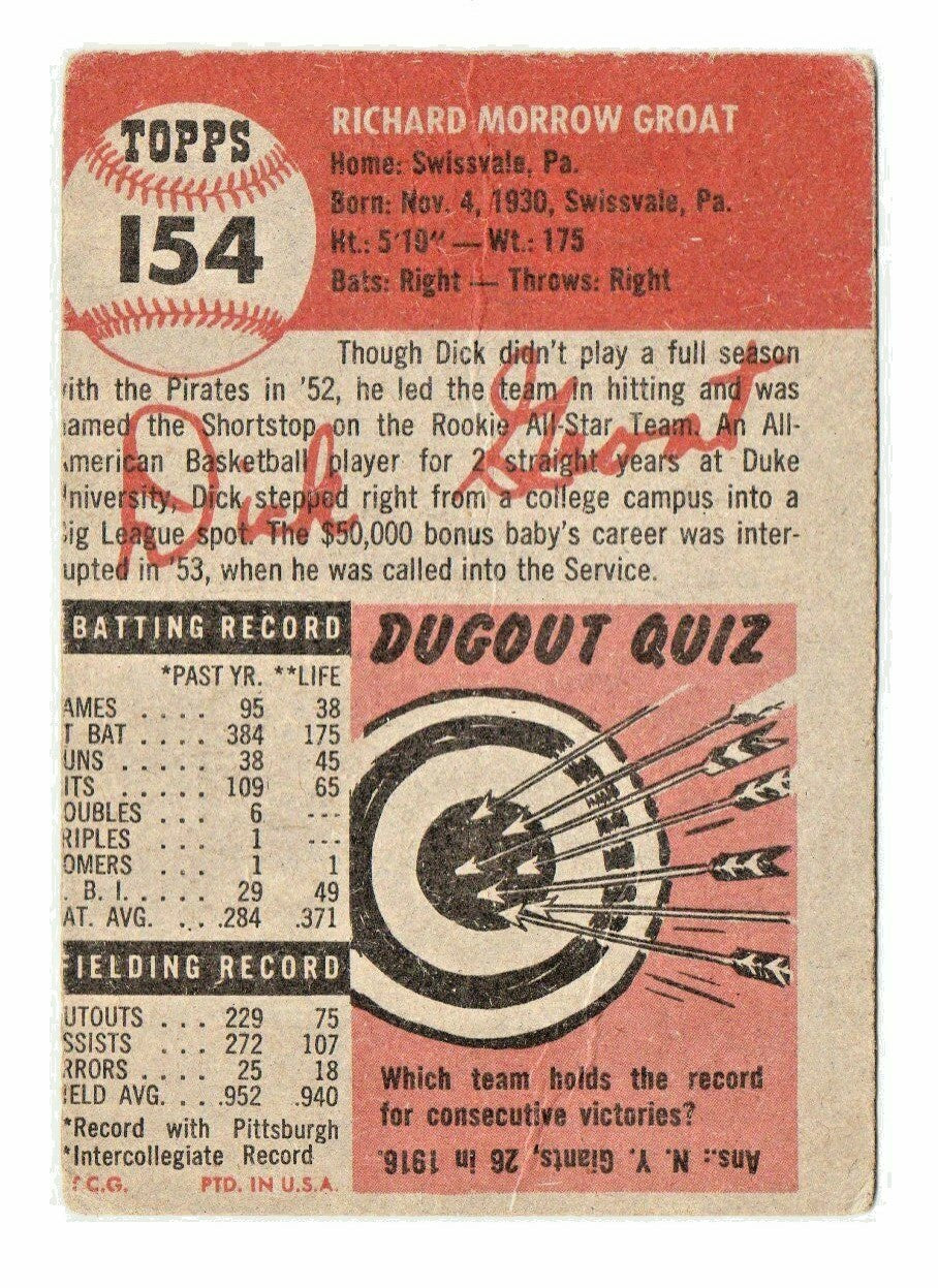1953 Topps Set Break #154 Dick Groat  Pittsburgh Pirates shortstop