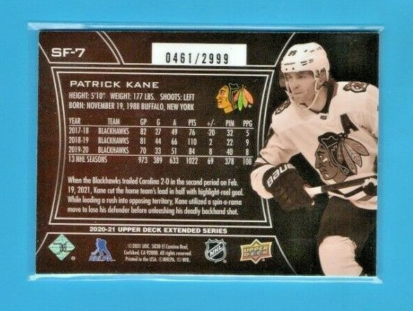 PATRICK KANE 2020-21 UPPER DECK EXTENDED SPX FINITE #0461/2999 #SF-7 CHICAGO
