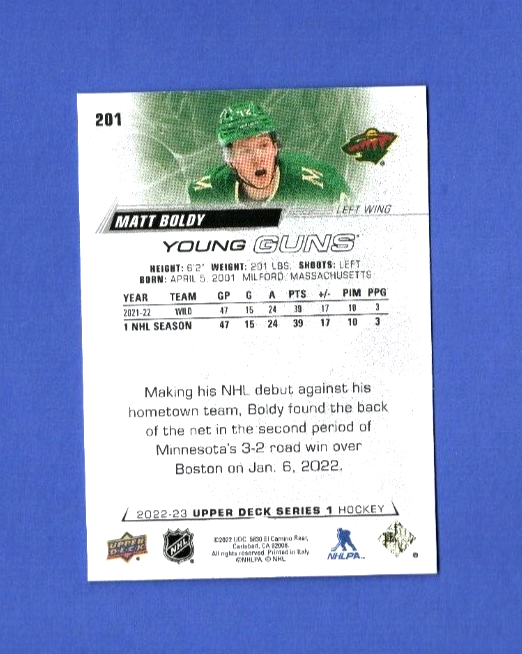 2022-23 Upper Deck Series 1 Matt Boldy #201 RC Rookie Minnesota Wild  (#2 stock)