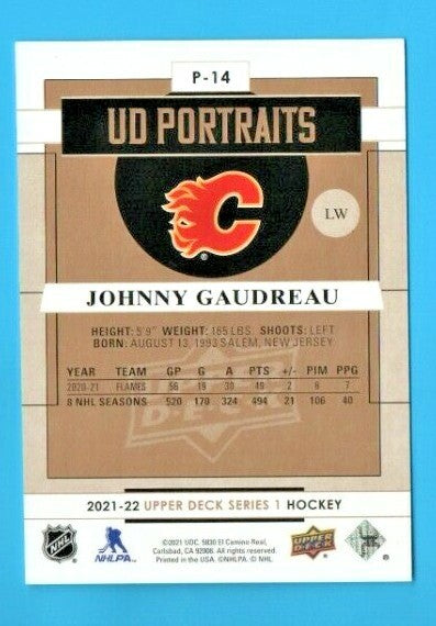 2021-22 Upper Deck UD Series 1 UD Portraits P-14 Johnny Gaudreau #230/250 Flames