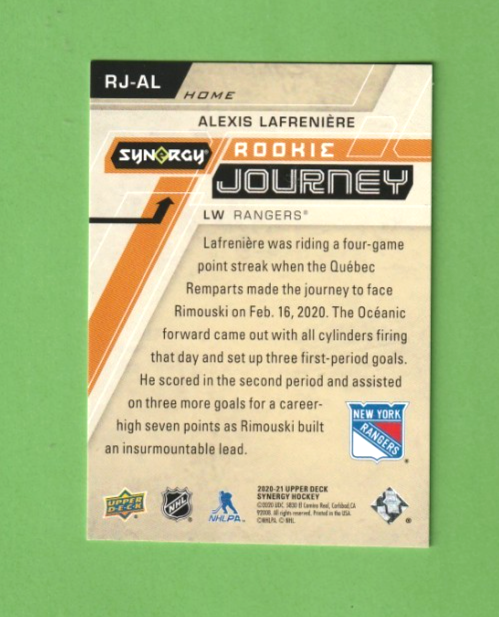 2020-21 Upper Deck Synergy Rookie Journey Home Alexis Lafreniere 470/799 Rangers
